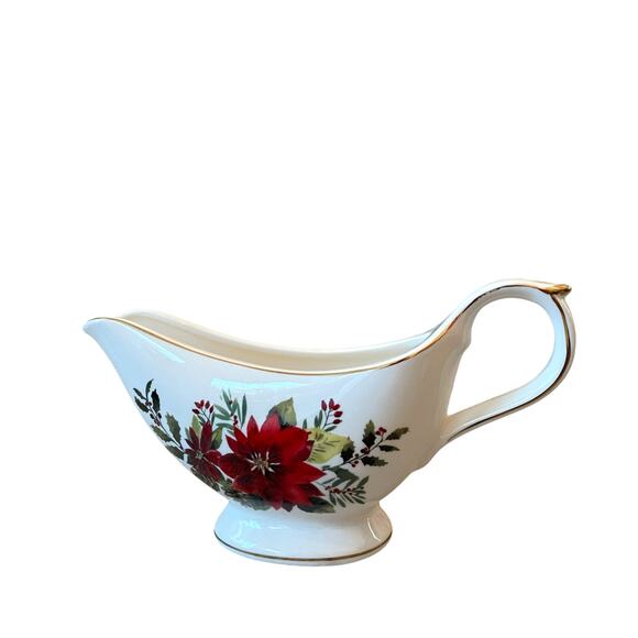 Grace Teaware Christmas Poinsettia Porcelain Footed Gravy Boat New - Picture 8 of 11